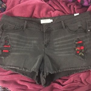 Black Ripped Floral Shorts